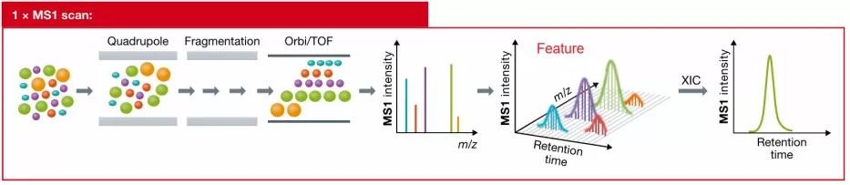 MS1 features and the extracted ion chromatogram XIC curve showing peptide signal across retention time